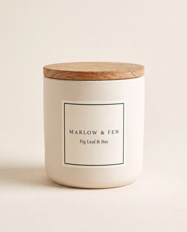 Fig Leaf & Bay Candle in Marlow & Fen packaging on a cream background