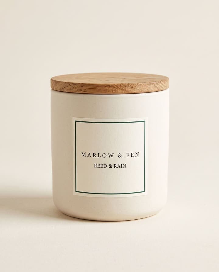Reed & Rain Candle in Marlow & Fen packaging on a cream background
