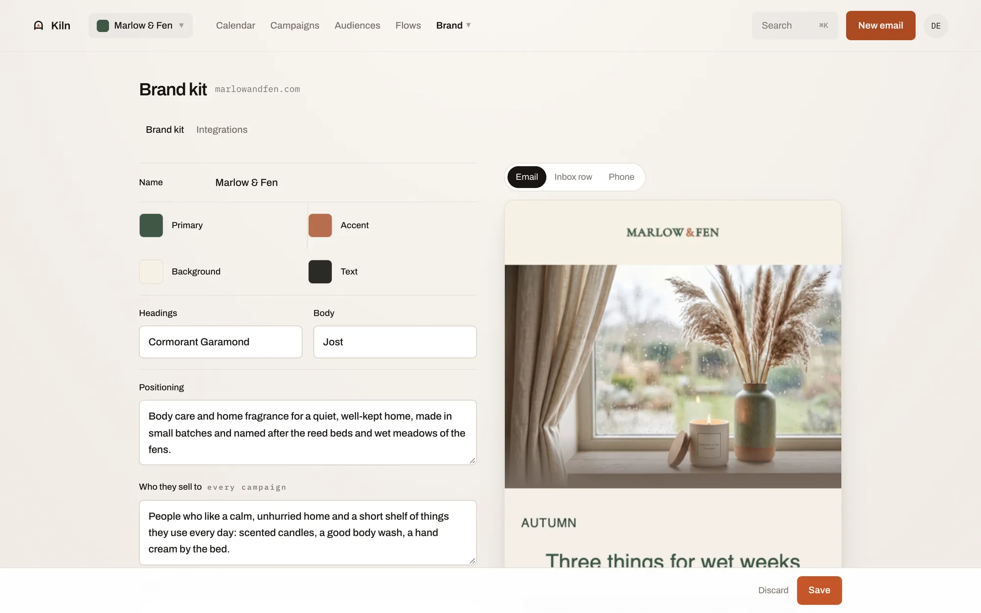 Brand kit with Marlow & Fen palette, typography and email preview