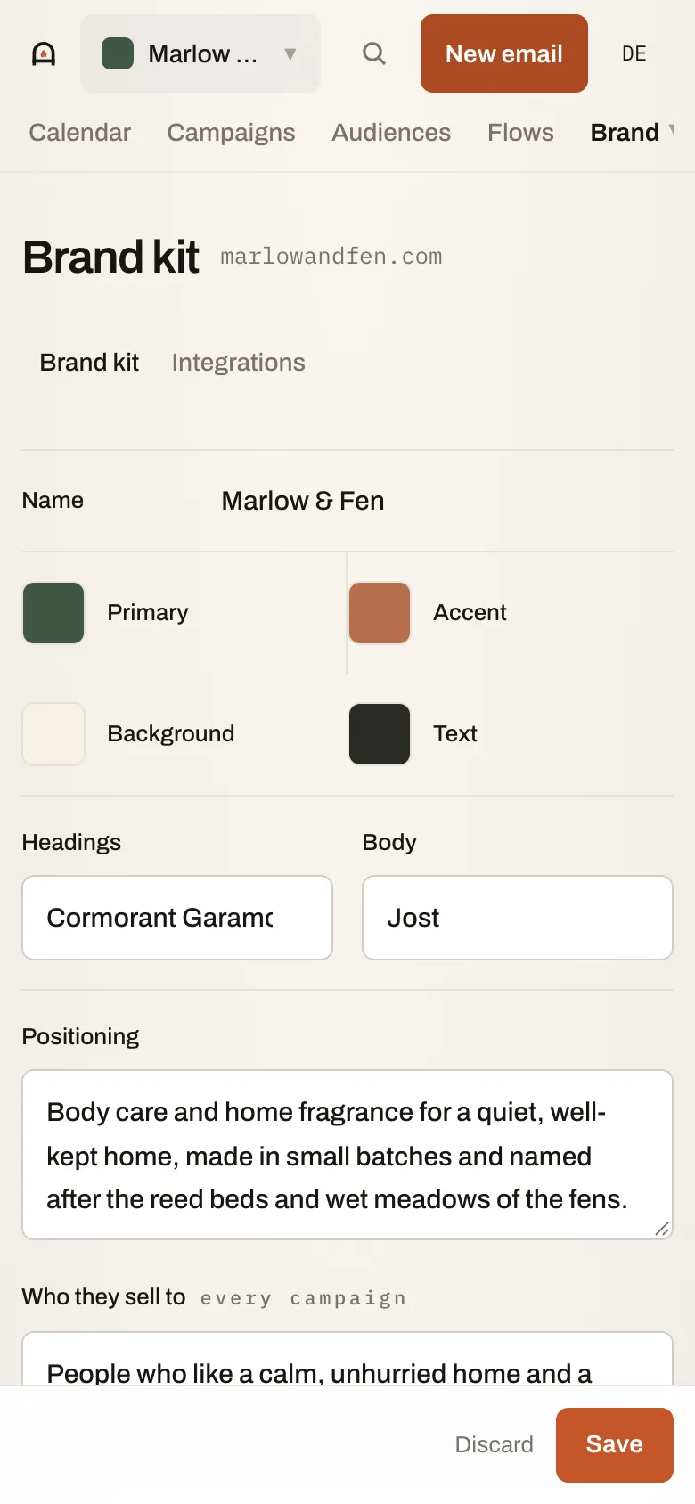 Marlow & Fen brand kit palette and typography on phone