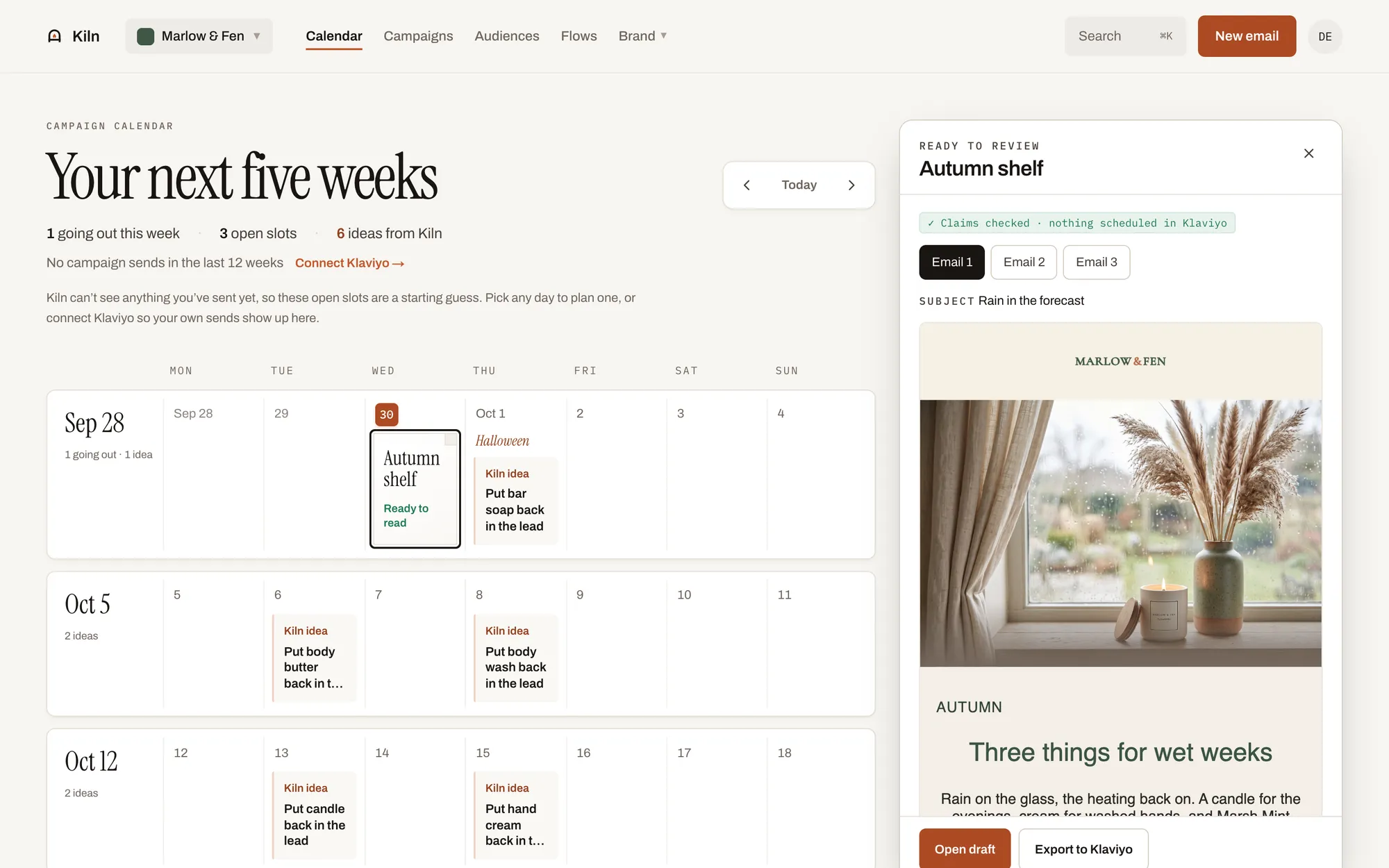 Autumn shelf seasonal campaign open in Kiln calendar, claims checked and nothing scheduled