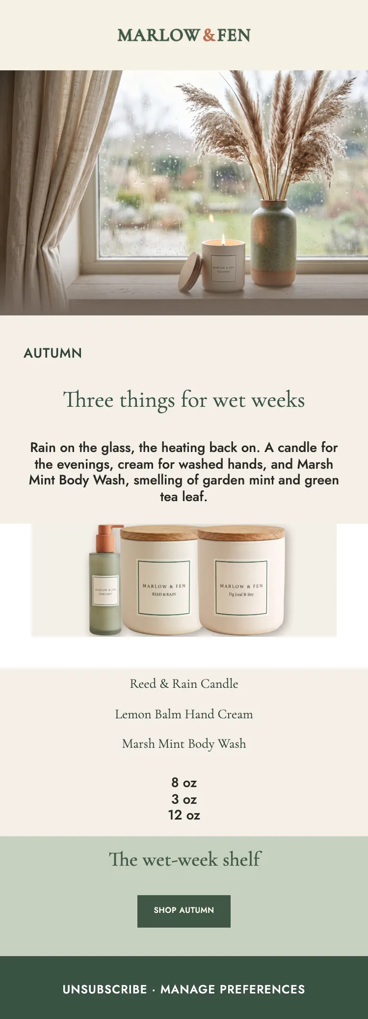 Rain in the forecast: full generated Marlow & Fen email, phone render