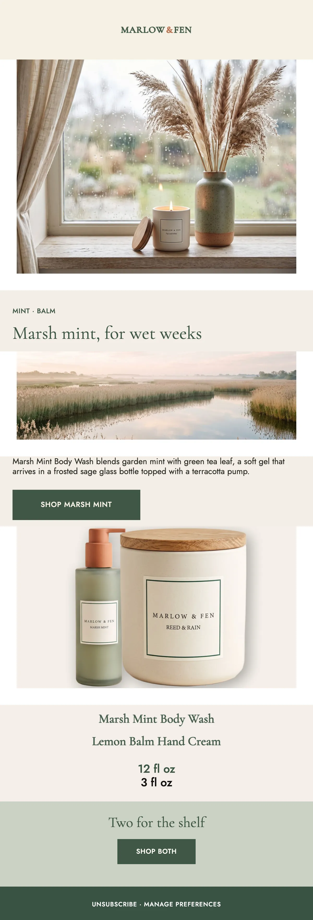Marsh Mint, for the rain: full generated Marlow & Fen email, desktop render